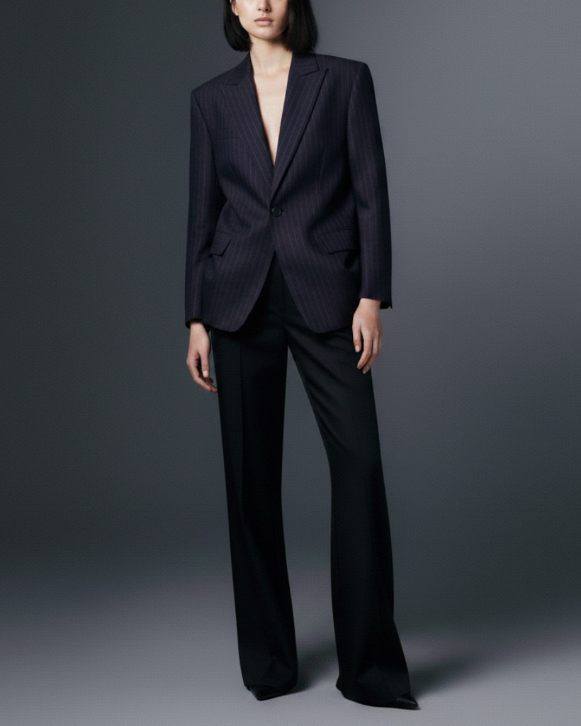 Model wearing the Navy Red Pinstripe Oversized Blazer styled open with tailored black trousers, showcasing a sleek, androgynous silhouette crafted from luxury suiting fabric.