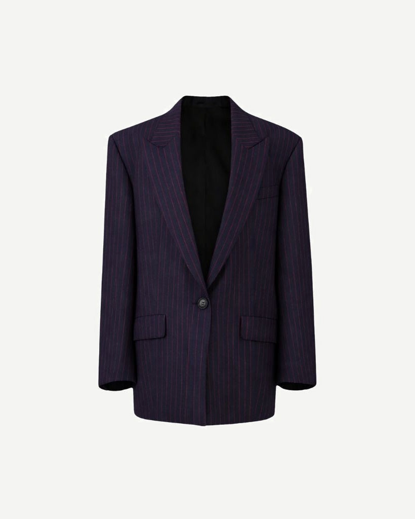 Navy Red Pinstripe Oversized Blazer featuring a relaxed silhouette with bold red pinstripes on a deep navy base, single-button closure, and classic notch lapels for a contemporary tailored look.