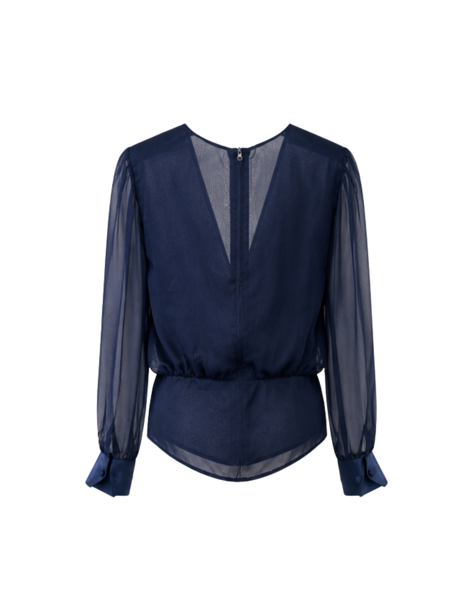 Back view of navy sheer chiffon blouse with center-back zipper and curved peplum hem