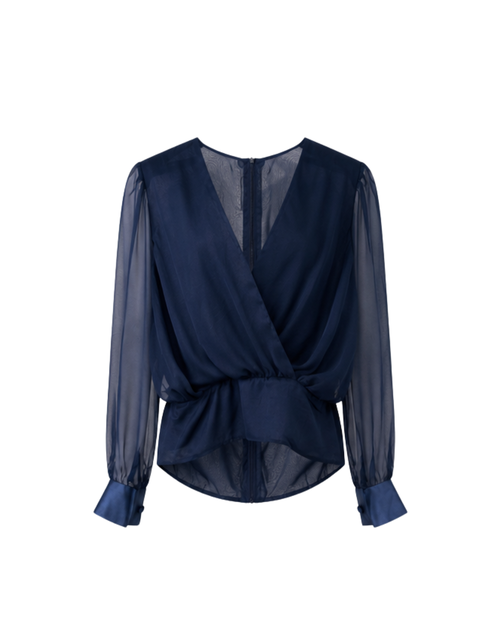 Front view of navy sheer wrap blouse with deep V neckline, gathered waist, and satin cuffs
