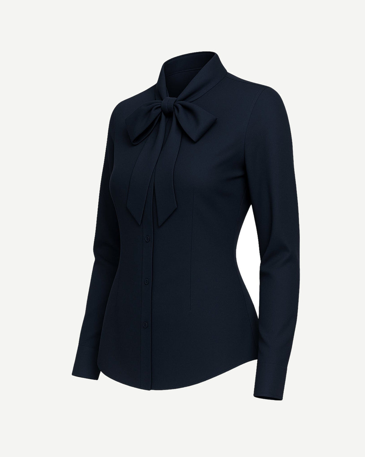 Tailory navy vegan pussy bow blouse side view