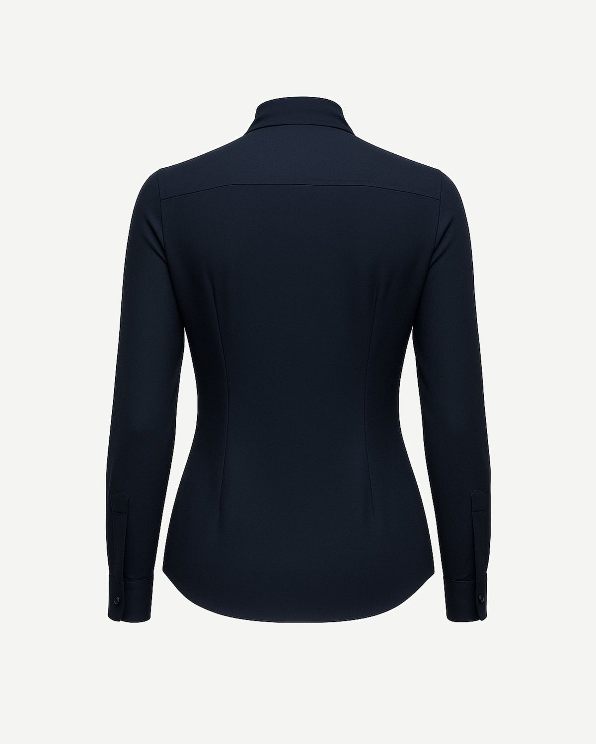 Tailory navy vegan pussy bow blouse back view