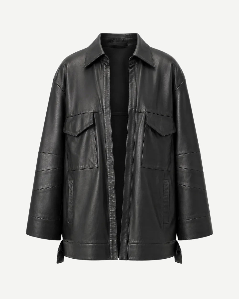 A black leather jacket with a collar, front zipper, and flap chest pockets, shown on a plain light gray background.