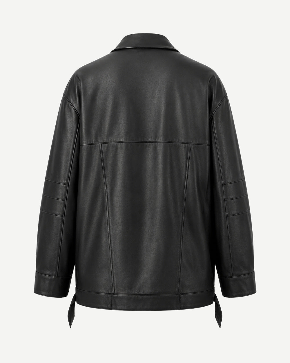 A black leather jacket shown from the back, featuring a collar, long sleeves, and a smooth leather texture, photographed against a plain white background.