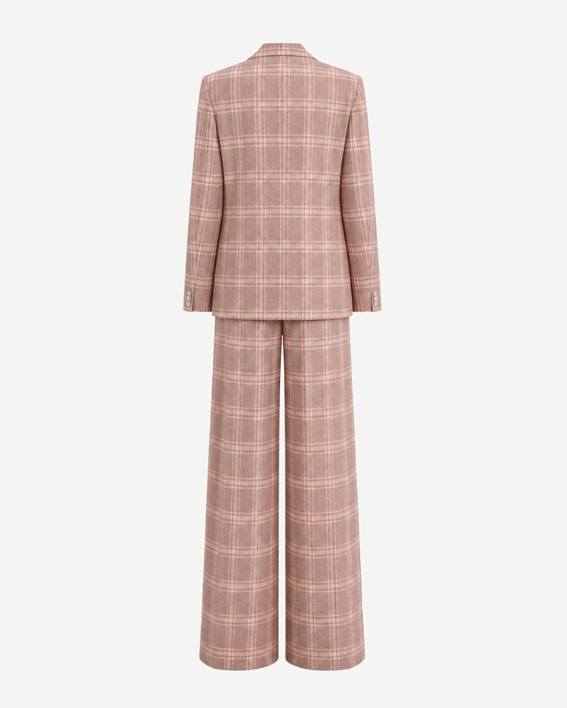 Plaid suit with blazer and wide-leg pants on a white background