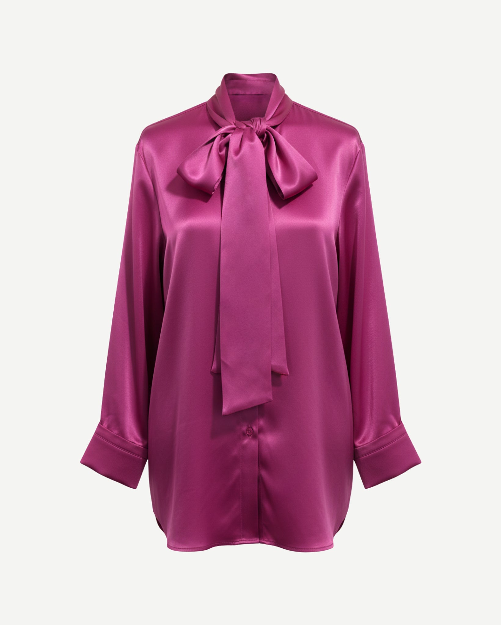 Tailory pink satin oversized scarf-neck shirt front view