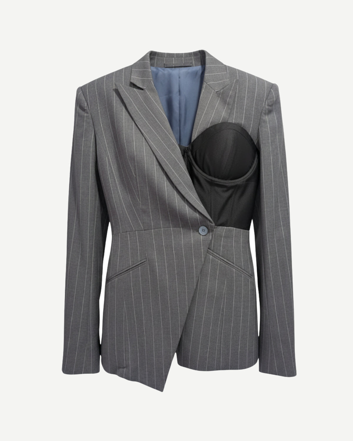 Tailory charcoal pinstripe asymmetric corset blazer front view