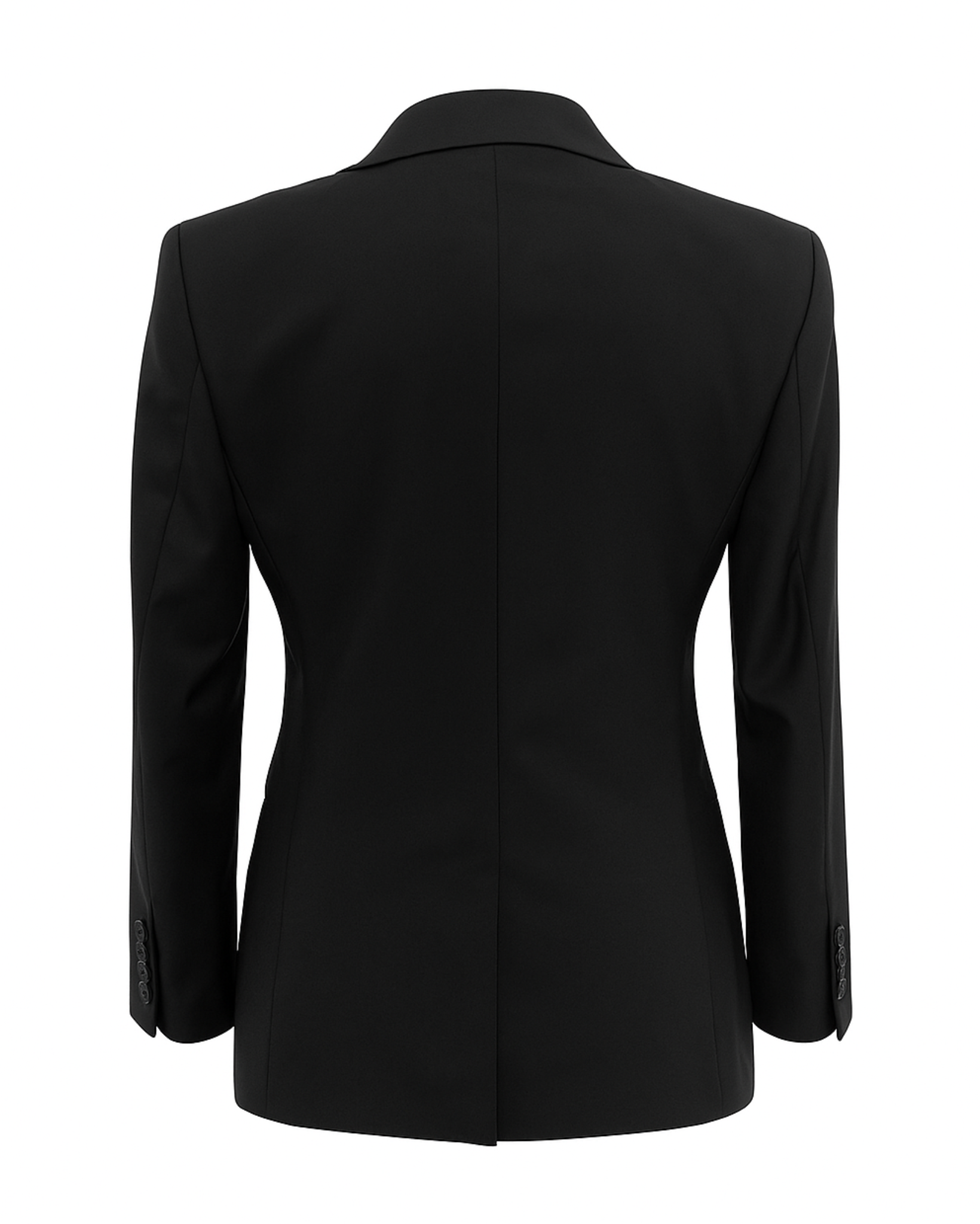 SAMPLE SALE | Notch Lapel Black Blazer shown from the back, featuring a tailored fit with structured shoulders and a single vent for sleek, gender-neutral formal suiting.