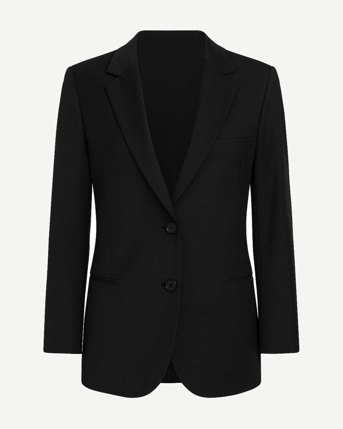 SAMPLE SALE | Notch Lapel Black Blazer featuring a sleek tailored silhouette with classic notch lapels, two-button closure, and refined pocket details for timeless formal evening wear.