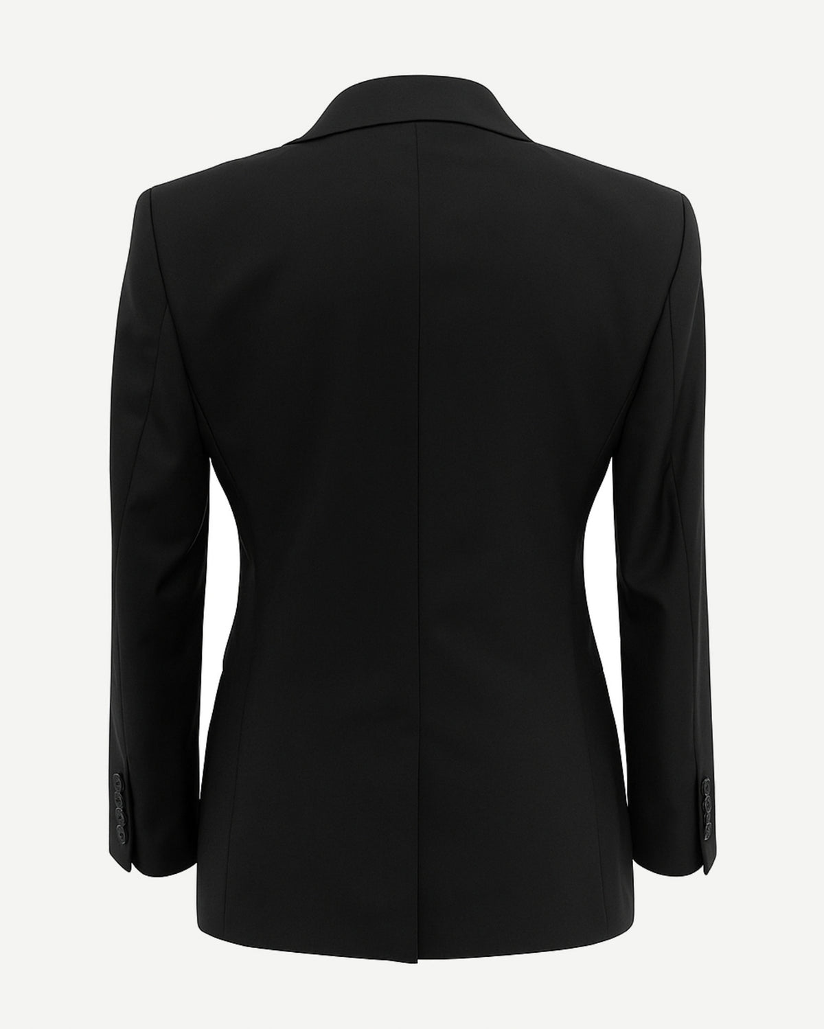 SAMPLE SALE | Notch Lapel Black Blazer shown from the back, featuring a tailored fit with structured shoulders and a single vent for sleek, gender-neutral formal suiting.