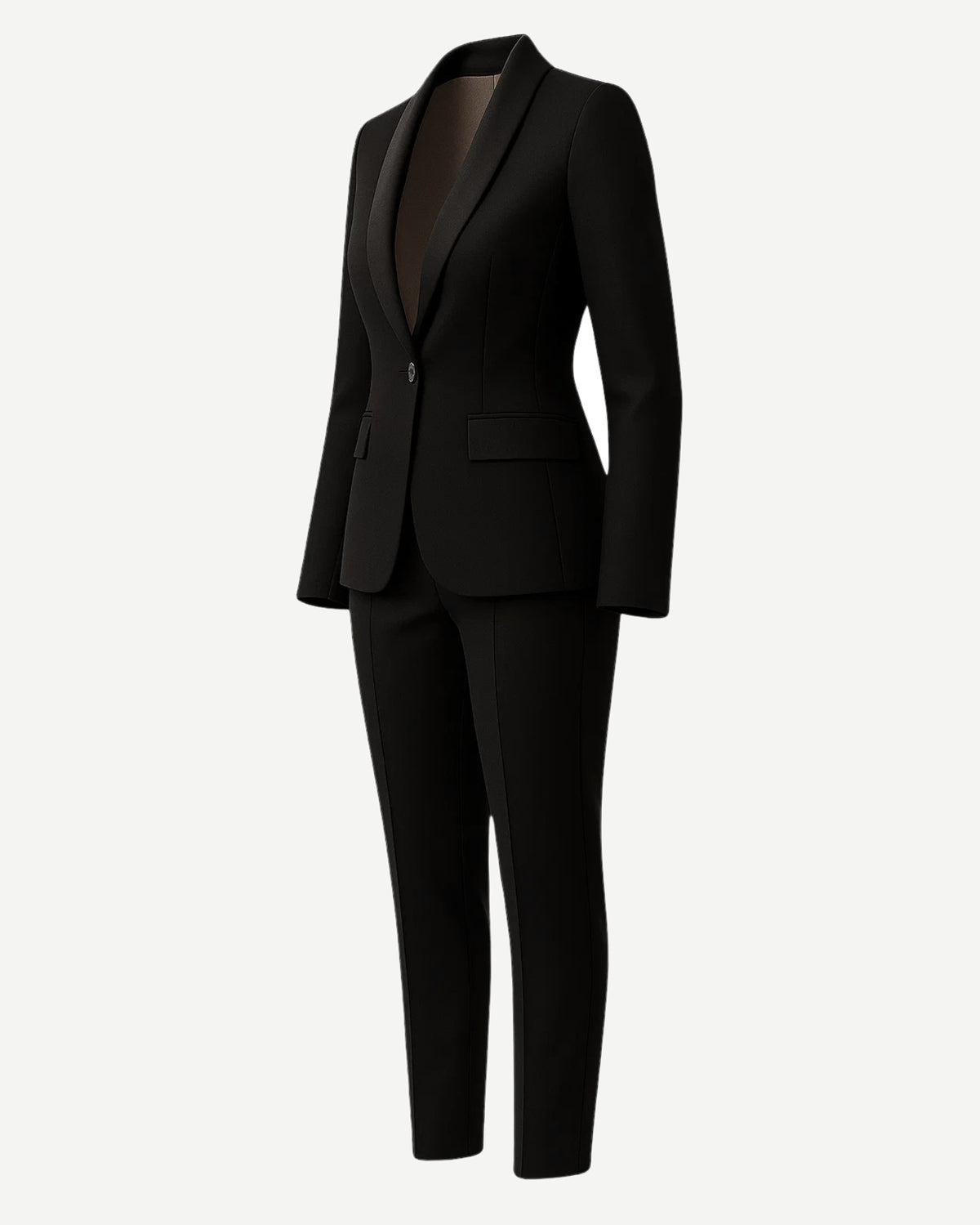 PRE-LOVED | Women's Black Fitted Wedding Suit featuring a single-button blazer with a tailored silhouette, sleek lapels, and slim trousers in luxurious black fabric for elegant bridal suiting.
