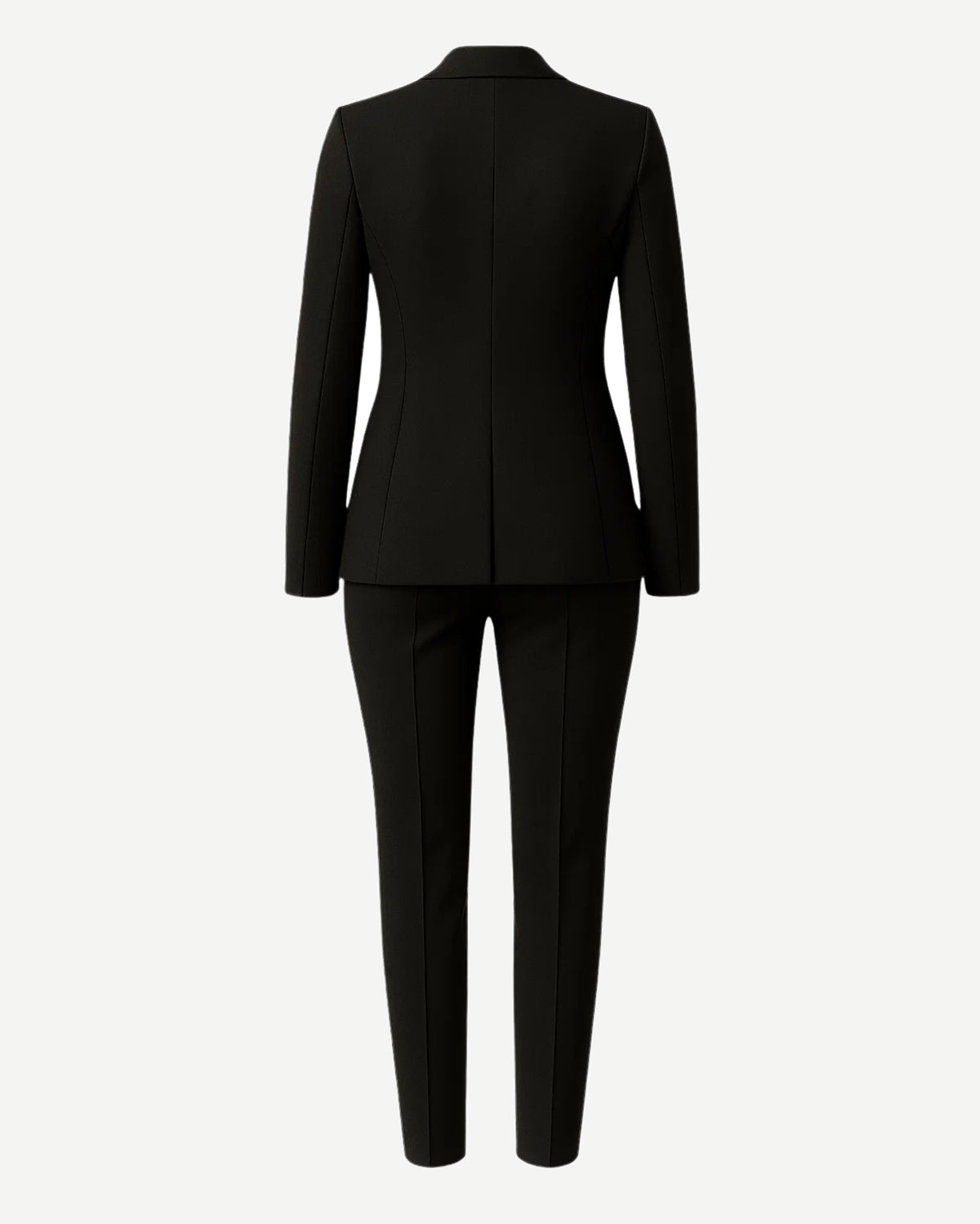 PRE-LOVED | Women's Black Fitted Wedding Suit shown from the back, featuring a tailored single-button blazer with structured seams and slim-fit trousers in a sleek black fabric for sophisticated bridal suiting.