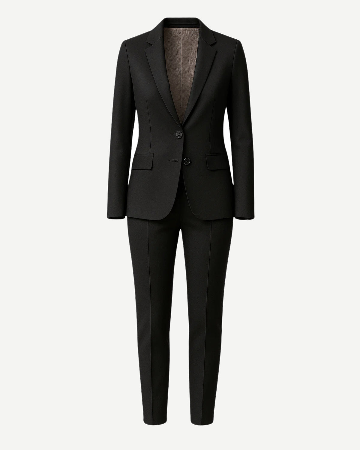 PRE-LOVED | Women's Black Fitted Wedding Suit featuring a tailored blazer with structured lapels and flap pockets, paired with slim, tapered trousers for a polished androgynous bridal look.