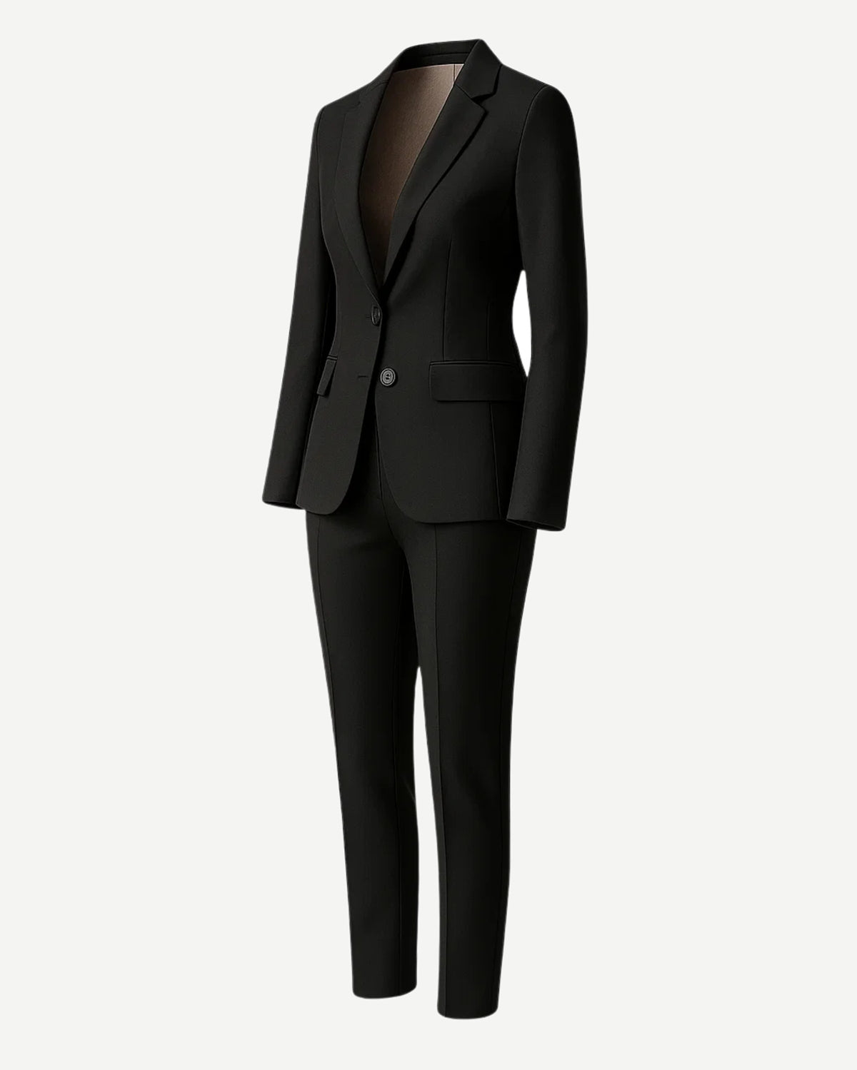 PRE-LOVED | Women's Black Fitted Wedding Suit featuring a single-button tailored blazer with narrow lapels and flap pockets, paired with slim, tapered formal trousers for sharp, elegant bridal suiting.