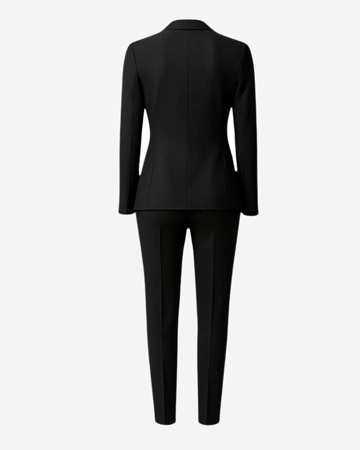 PRE-LOVED | Women's Black Fitted Wedding Suit shown from the back, featuring a tailored blazer with clean, structured lines and slim, tapered formal trousers in luxury fabric for an elegant bridal suiting look.