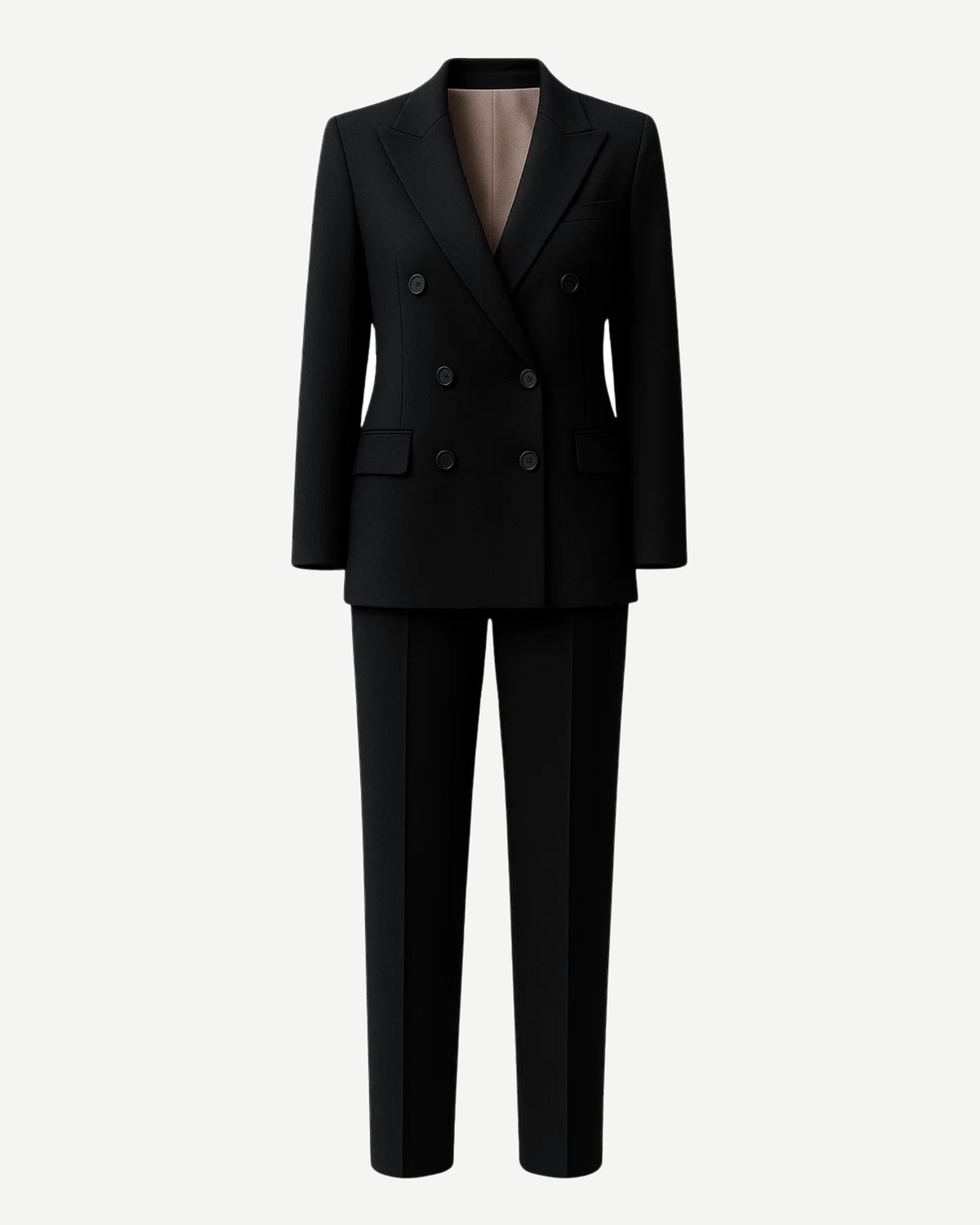 PRE-LOVED | Women's Black Oversized Wedding Suit featuring a double-breasted blazer with peak lapels and structured shoulders paired with straight-leg trousers in a luxurious black fabric for a chic, androgynous bridal look.