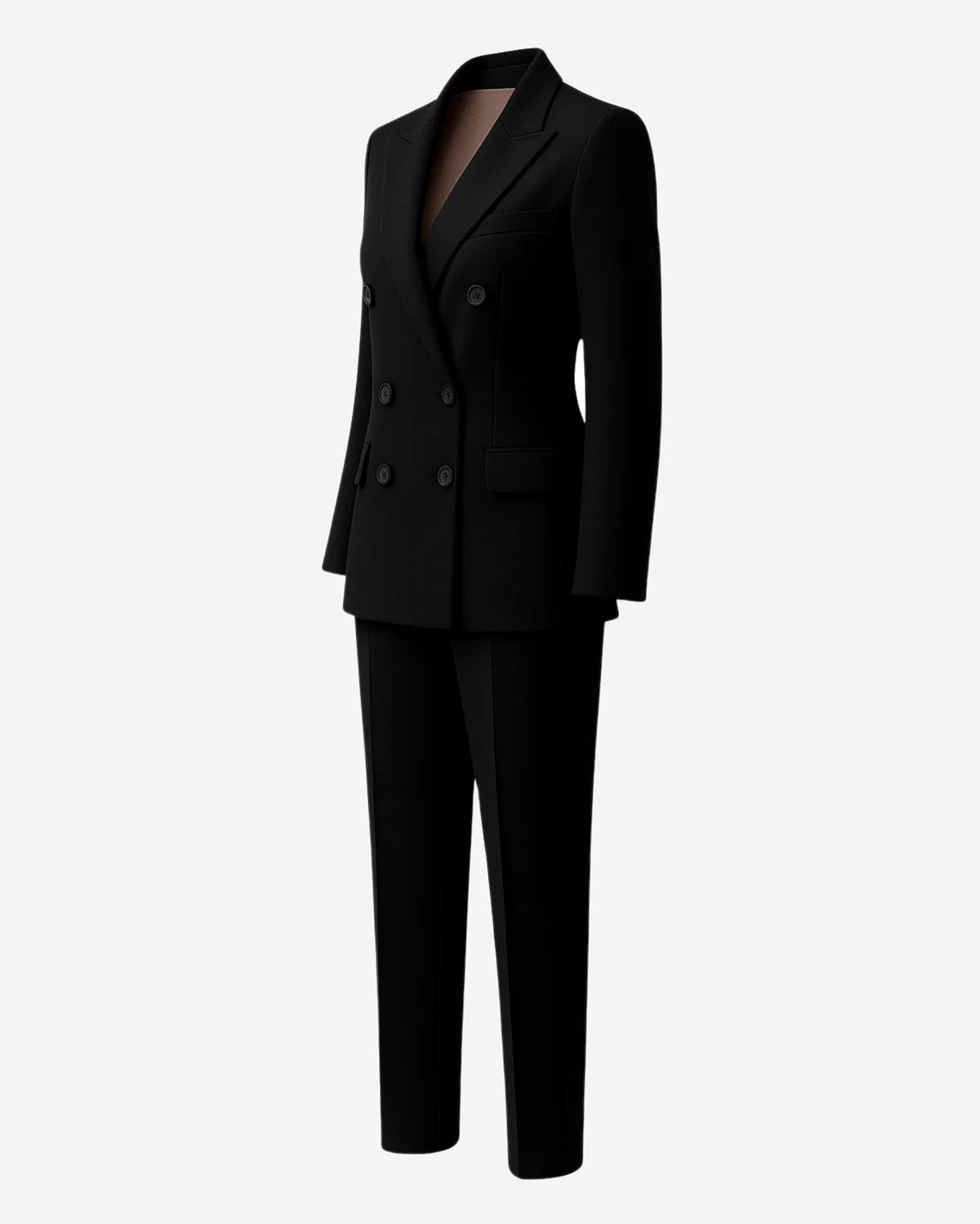 PRE-LOVED | Women's Black Oversized Wedding Suit featuring a double-breasted blazer with notch lapels and relaxed straight-leg trousers in smooth black fabric for a contemporary androgynous bridal look.