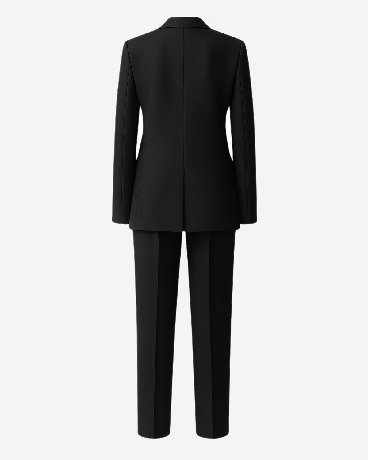 PRE-LOVED | Women's Black Oversized Wedding Suit shown from the back, featuring a relaxed longline blazer and straight-leg trousers crafted from smooth black fabric for a modern androgynous bridal look.
