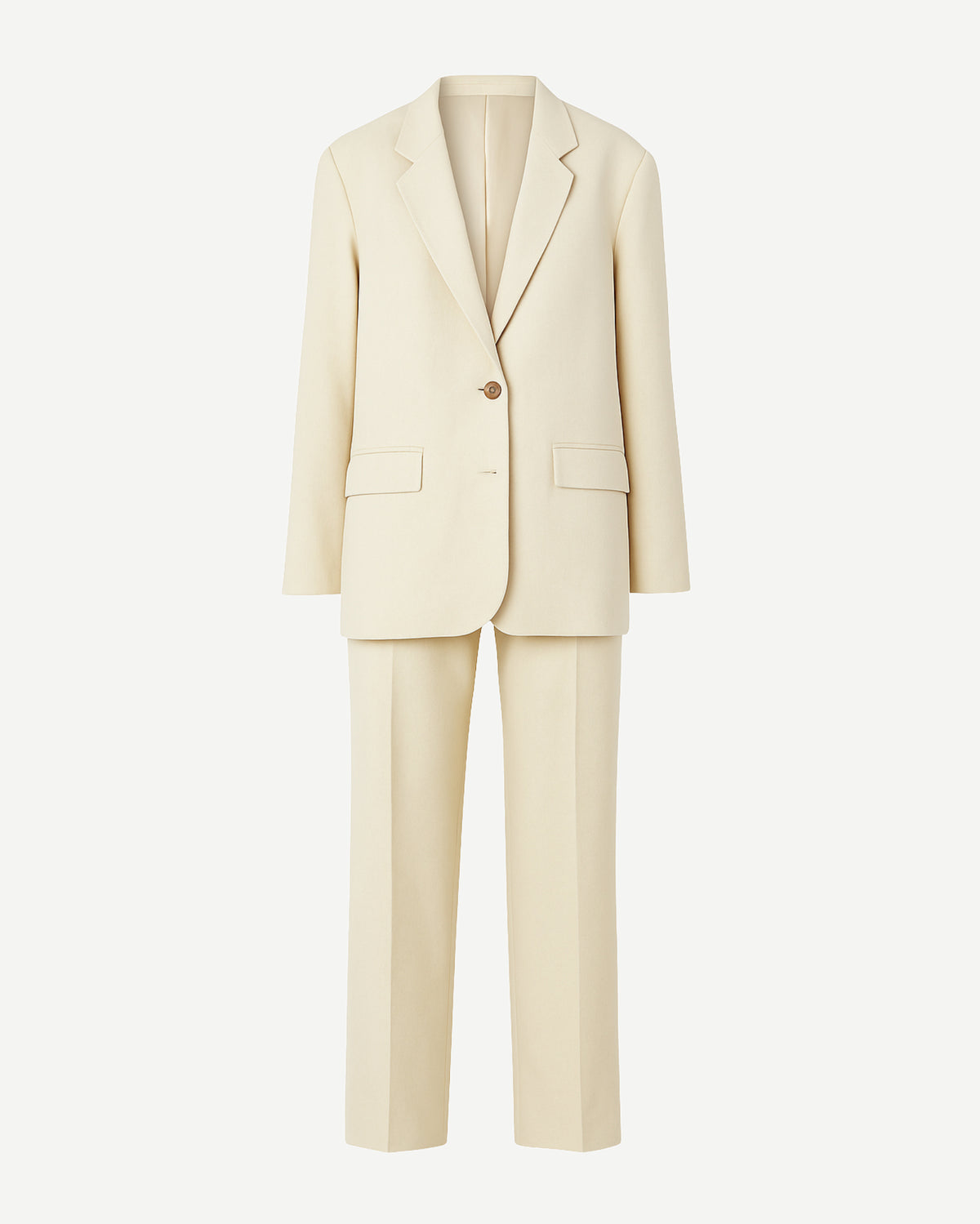 PRE-LOVED | Women's Cream Oversized Wedding Suit in a soft cream fabric, featuring a relaxed oversized blazer with notch lapels, single-button closure, flap pockets, and straight-leg trousers for elegant bridal suiting.