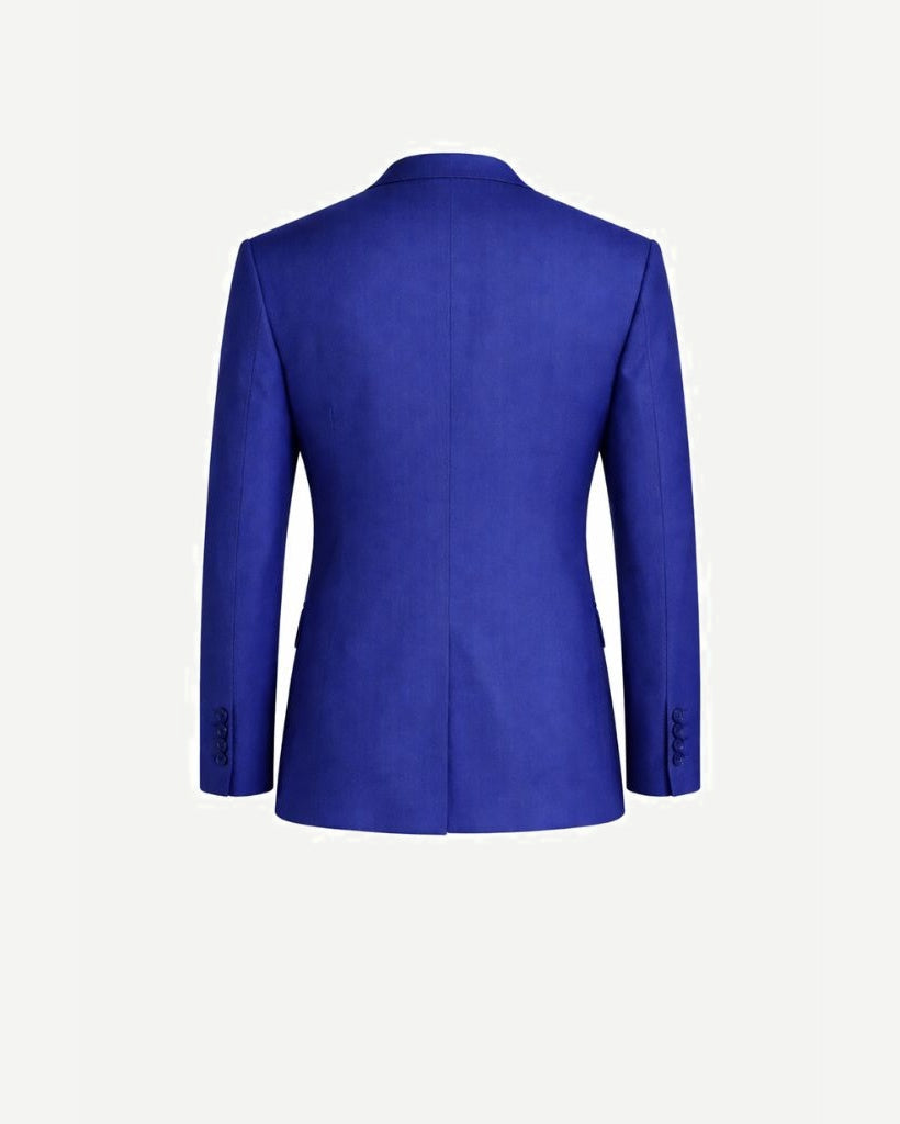 Rear view of Royal Blue Men's Classic Cut Jacket crafted from rich royal blue fabric, featuring a tailored silhouette with clean lines and buttoned sleeve cuffs.