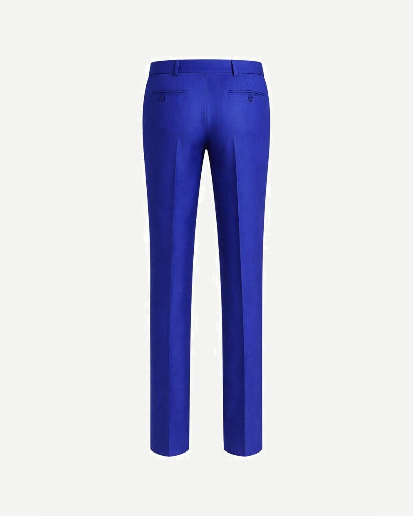 Rear view of Royal Blue Men's Classic cut Trousers featuring a streamlined fit, belt loops, and buttoned back pockets, tailored for elegant formal and business wear.