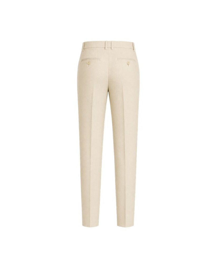 Rear view of Cream Wool and Linen Blend Summer Wedding Trousers featuring a tailored slim silhouette with belt loops and welt pockets, crafted from breathable, lightweight fabric for warm-weather elegance.