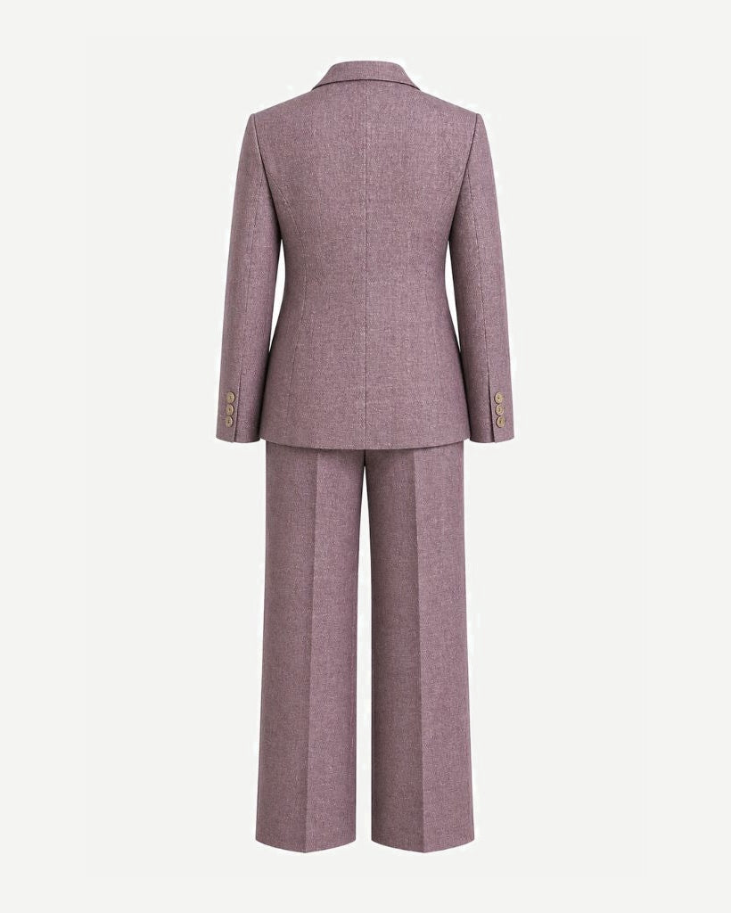 Back view of the Lavender Rose Wool and Linen Blend Summer Wedding Suit featuring a tailored blazer with structured seams and wide-leg trousers crafted from breathable, luxurious fabric.