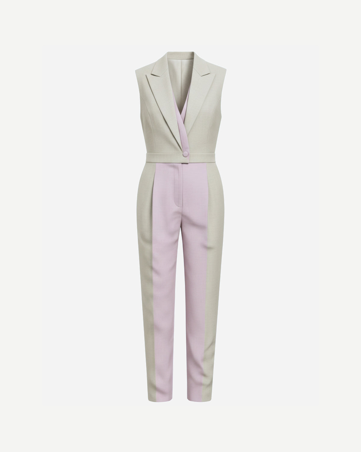 Tailory_Jumpsuit_BeigeLavender_ColorBlock_Suited_FrontView