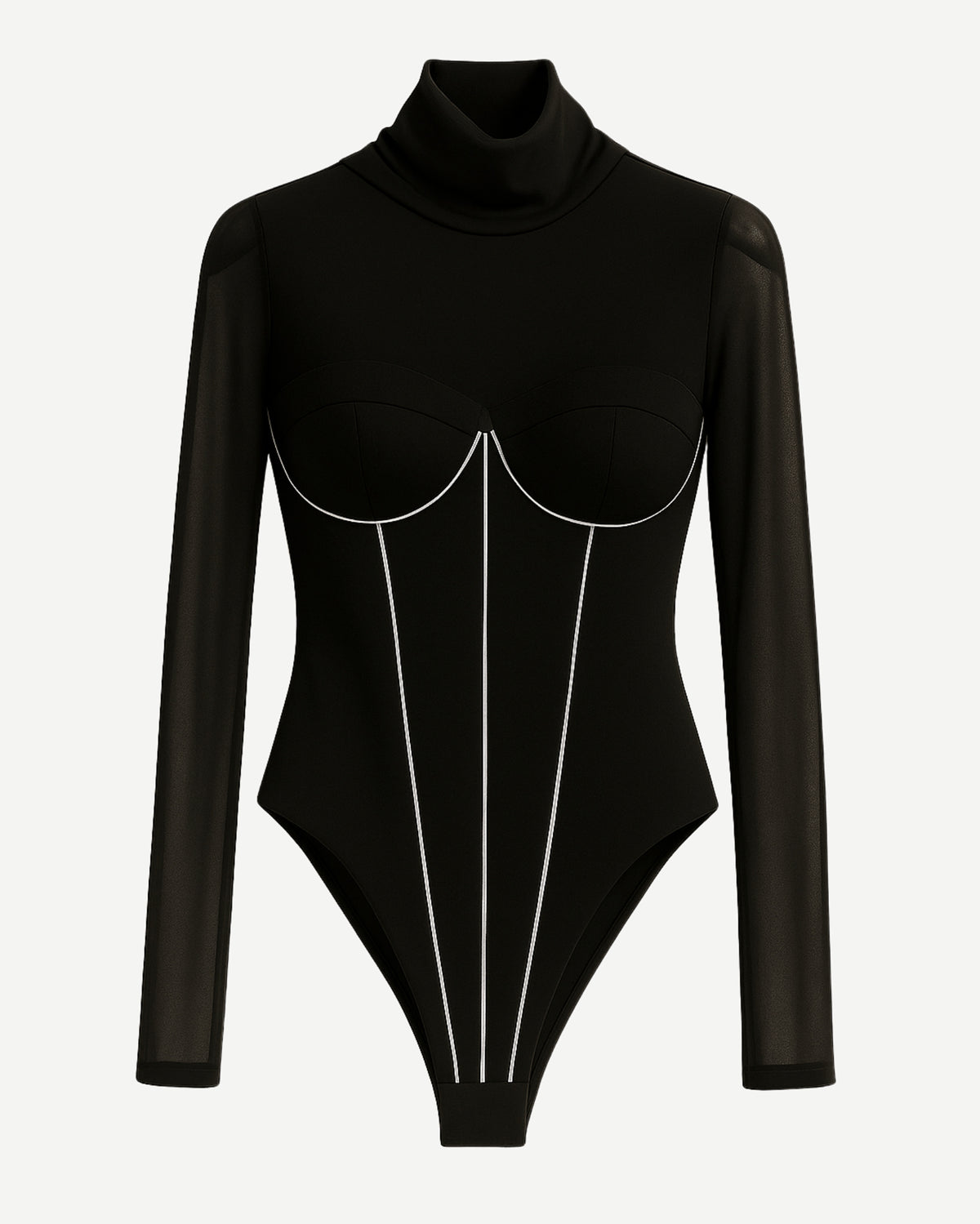 Tailory black fitted turtleneck bodysuit front view with white contrast piping and corset seams