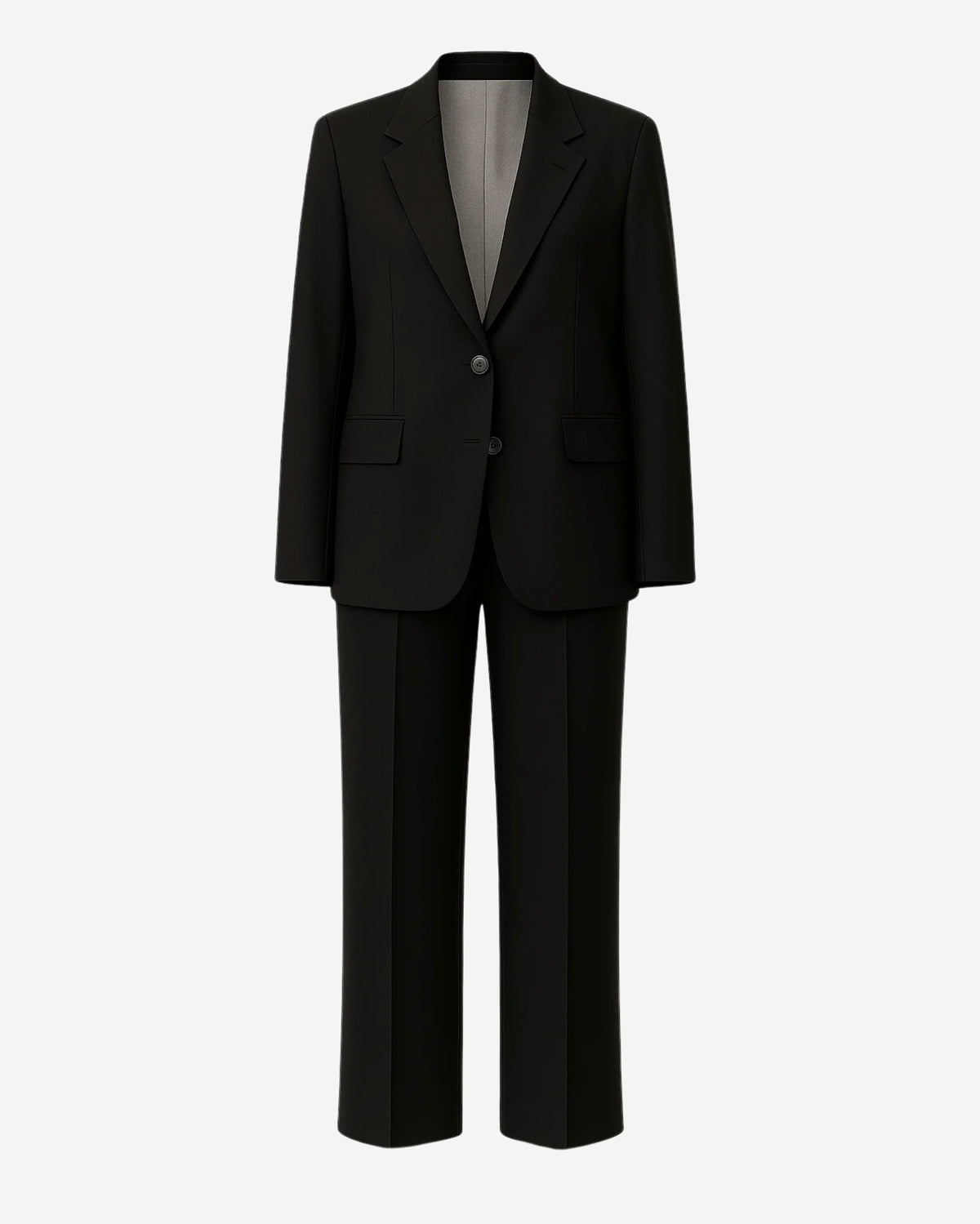 Tailory black fitted two-button suit front view with notched lapels and flat-front trousers