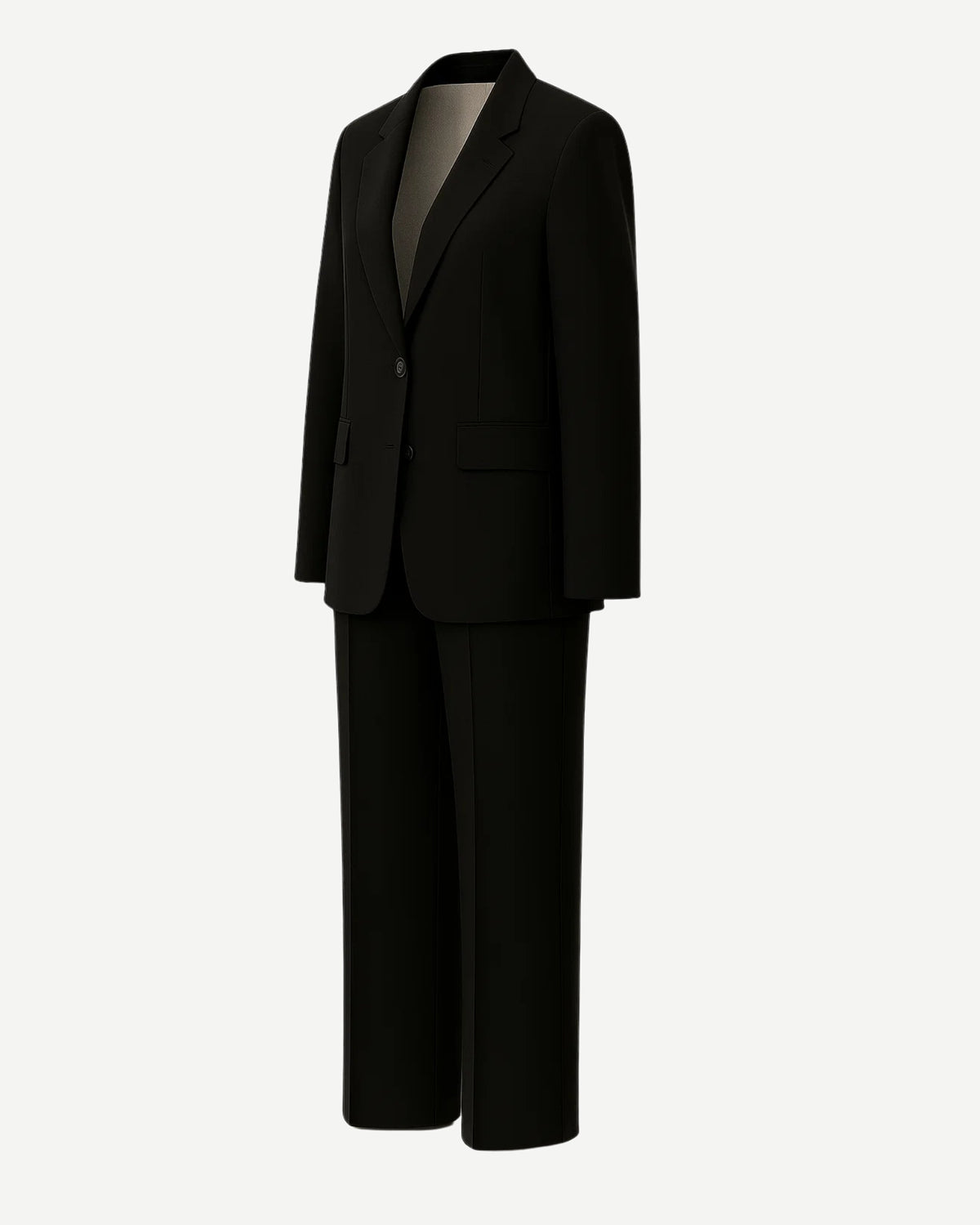 Tailory black fitted two-button suit side view showing structured shoulder and straight-leg trousers