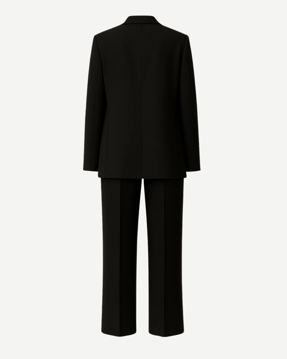 Tailory black fitted two-button suit back view with clean tailored seams and smooth drape