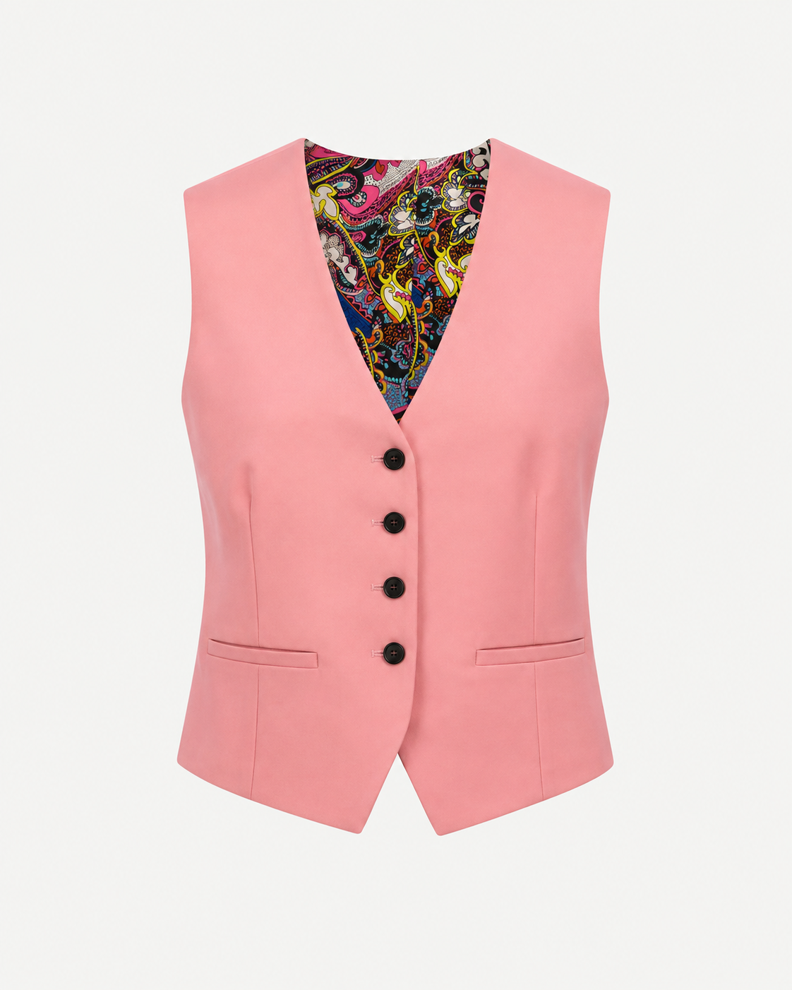 Coral Pink Paisley-Lined Wool Vest in a soft coral pink shade, featuring a tailored fit with front button closure, welt pockets, and vibrant paisley lining for distinctive luxury suiting.