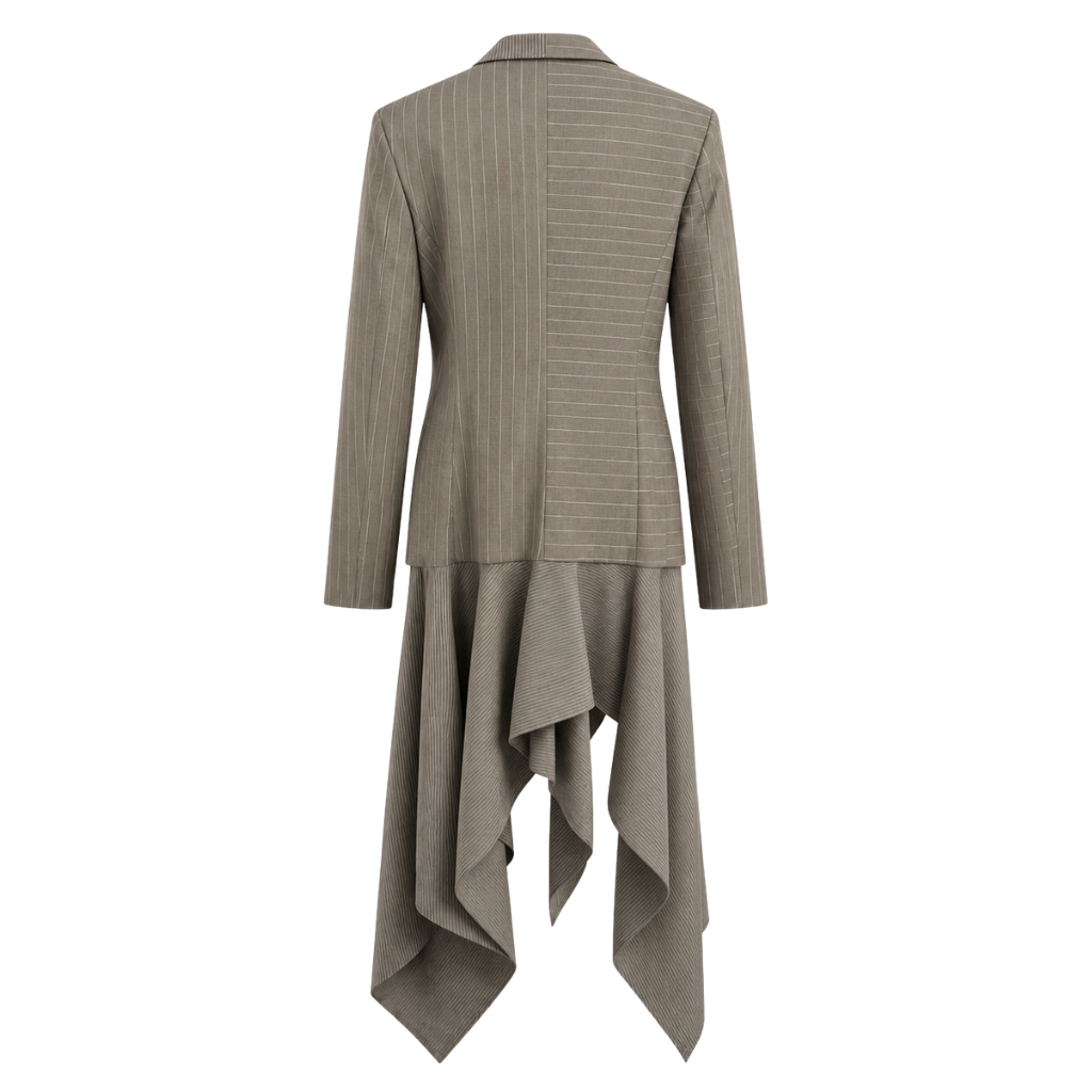 Back view of sculptural grey-taupe pinstripe tailored jacket with fitted back seams, mixed-direction pinstripe panels, slim sleeves, and extended asymmetric draped hem.