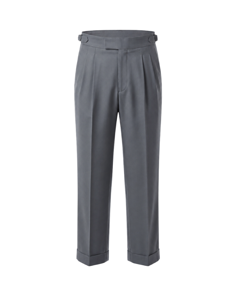 Front view of The Tailory Slate Grey Double-Pleat Wide-Leg Wool Trouser with double forward pleats, side adjusters, and cuffed hem.