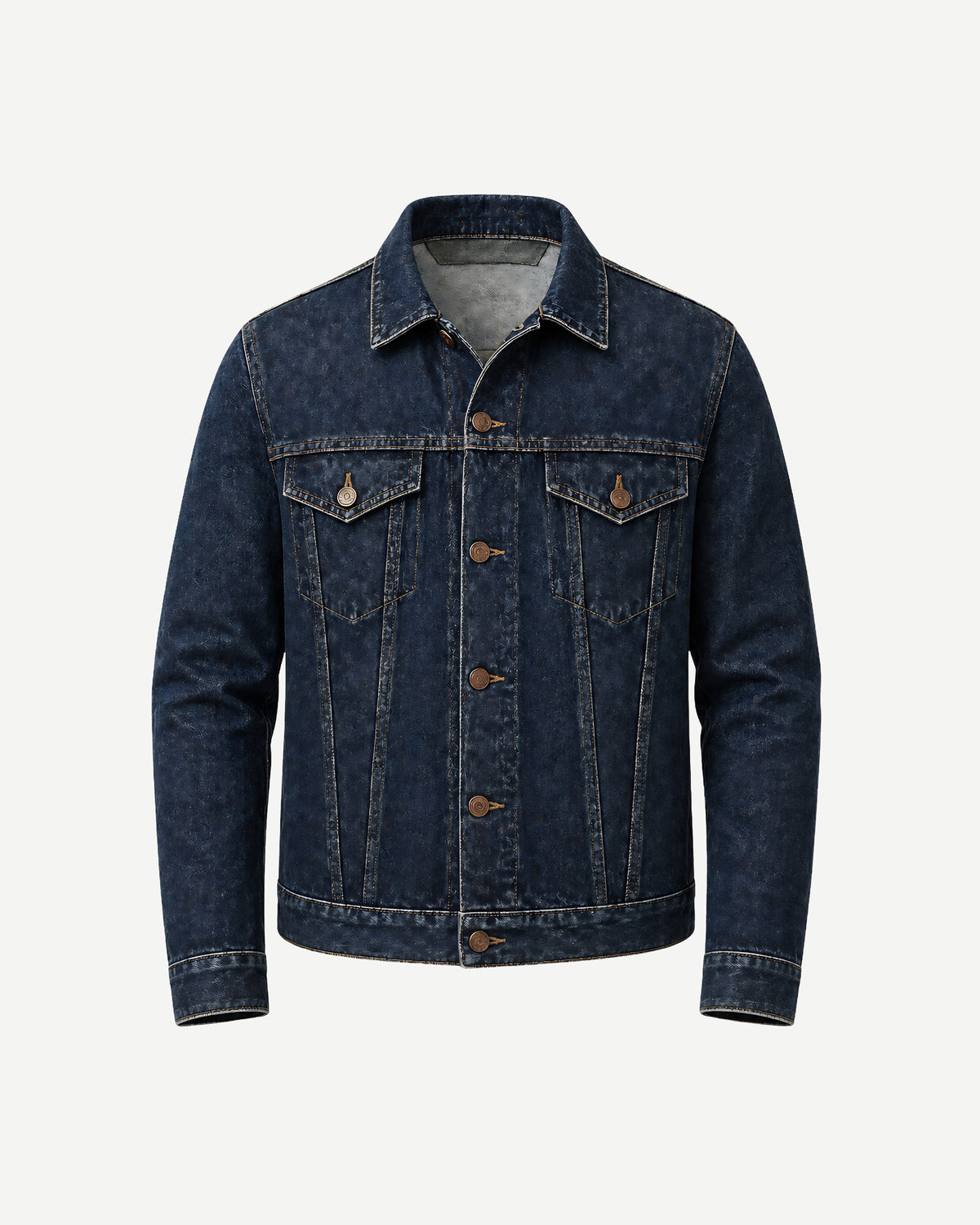 Stonewashed Indigo Japanese Selvedge Denim Jacket displayed front-facing, featuring classic button closures, chest flap pockets, and detailed stitching on rich indigo denim fabric.