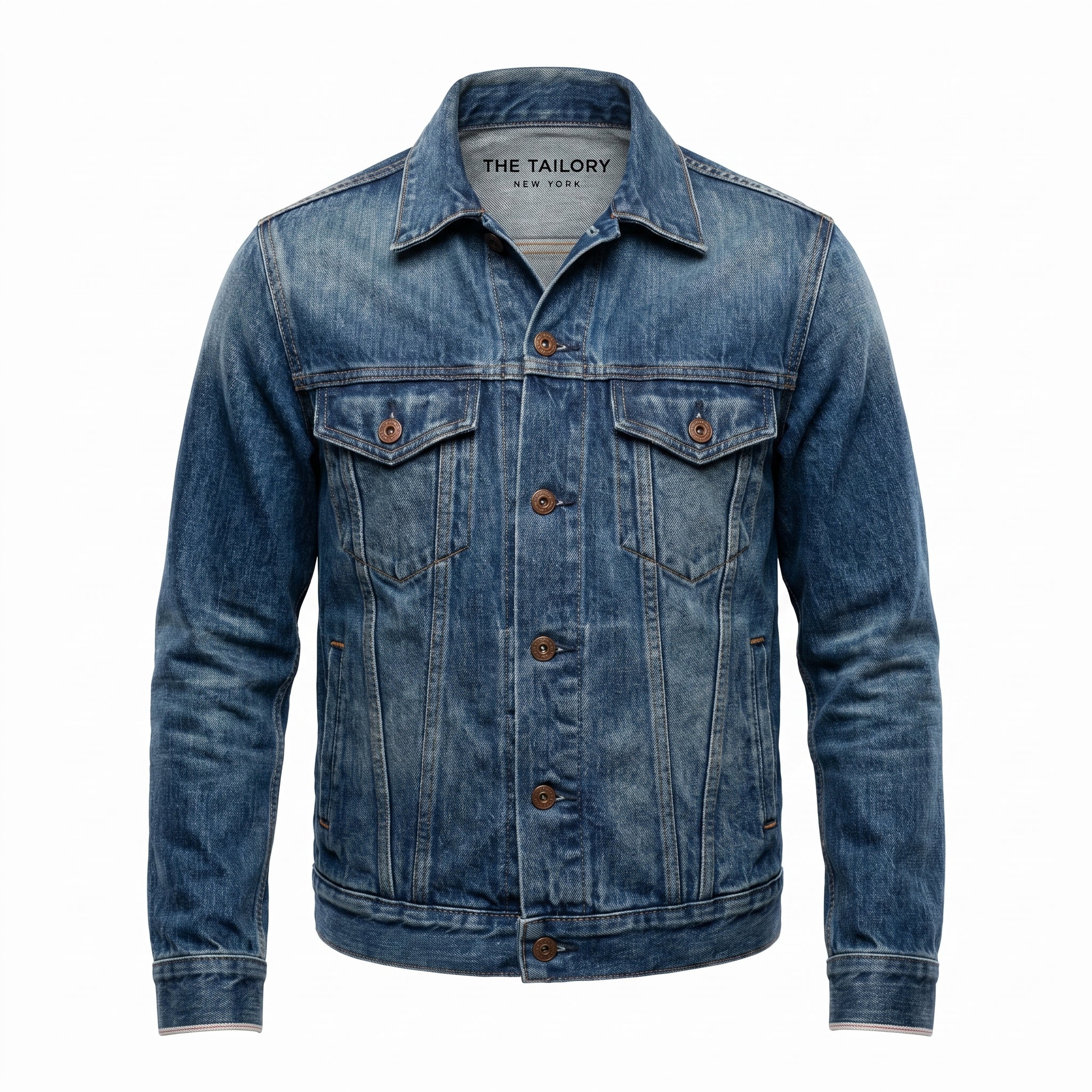 Stonewashed Indigo Japanese Selvedge Denim Jacket — front view — The Tailory NYC, Director's Cut