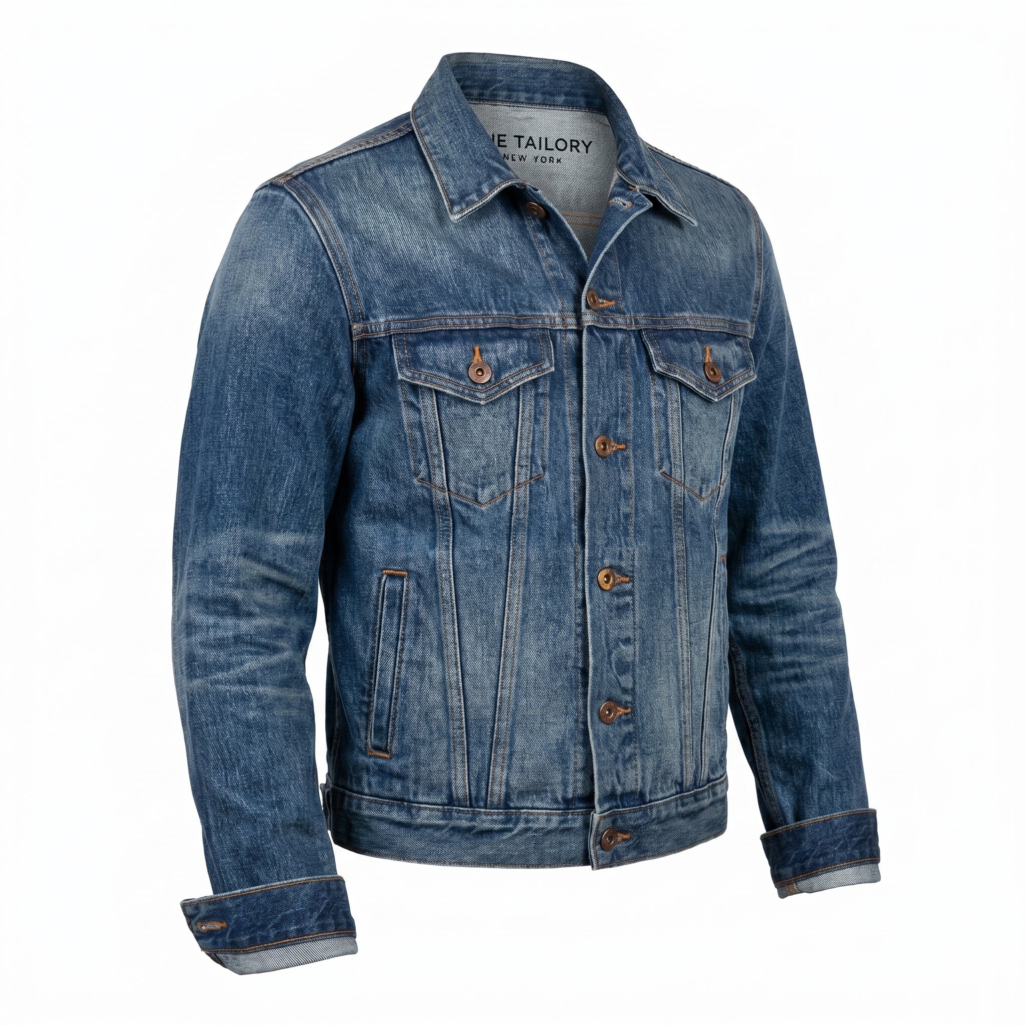 Stonewashed Indigo Japanese Selvedge Denim Jacket — three-quarter right view — The Tailory NYC, Director's Cut