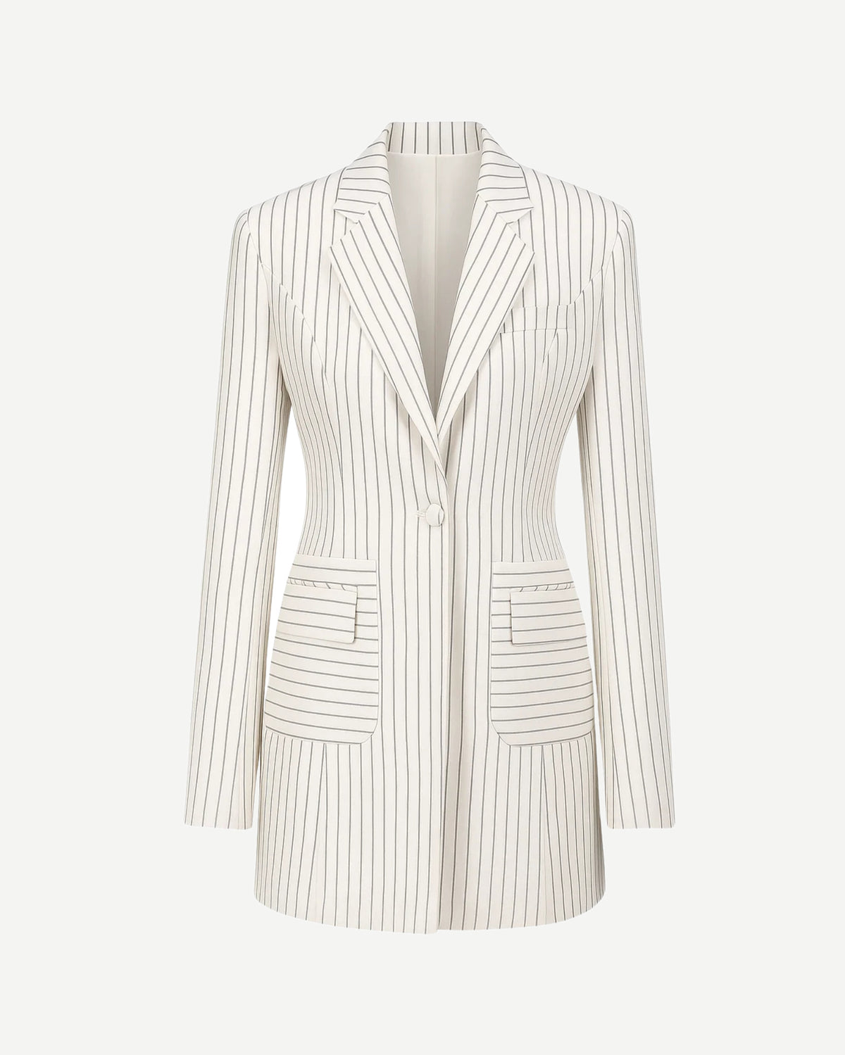 Tailory white/black pinstripe corset-back tailored jacket front view