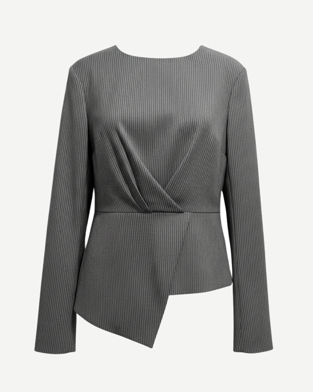 Tailory charcoal/black pinstripe asymmetric wrap blouse front view
