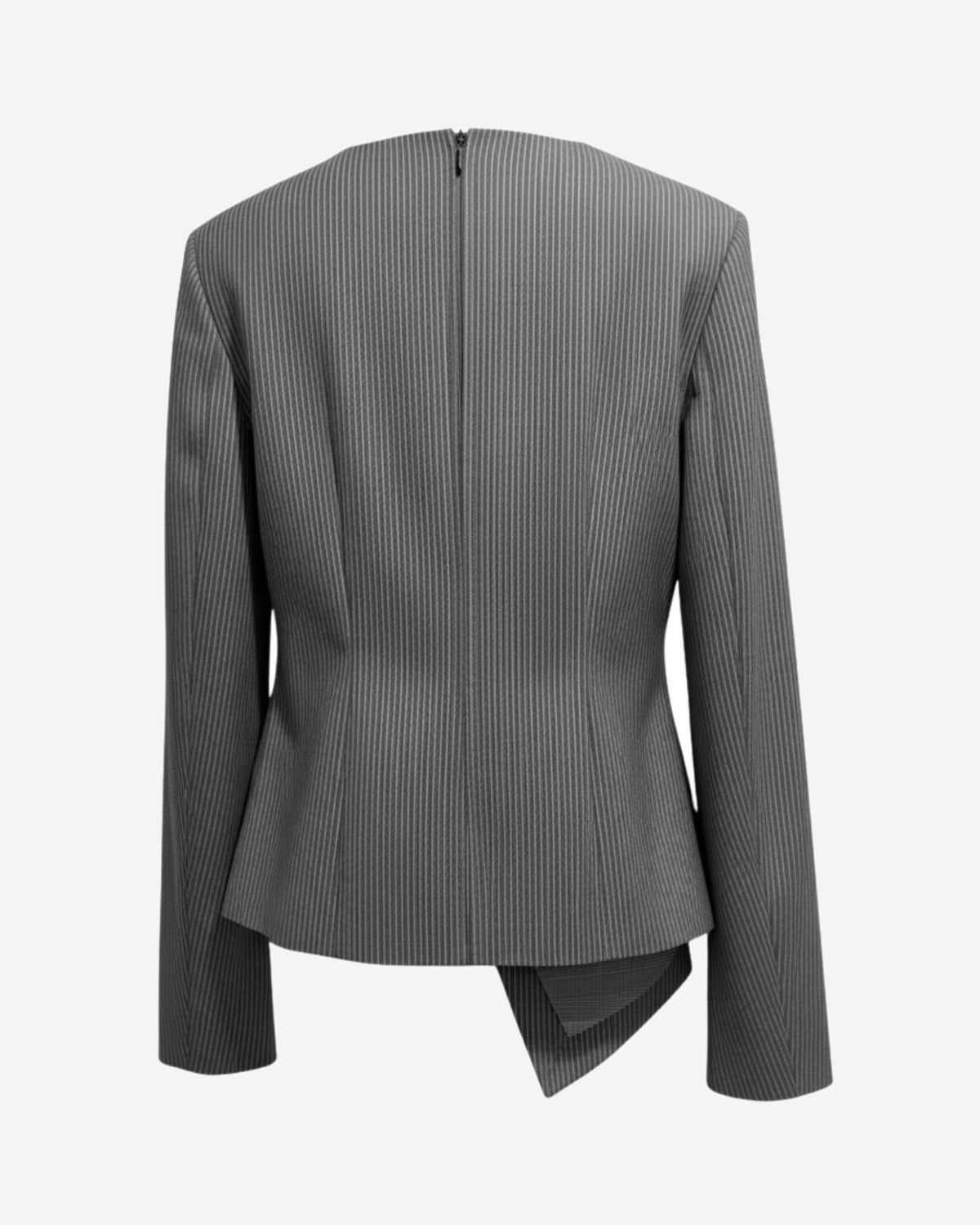 Tailory charcoal/black pinstripe asymmetric wrap blouse back view