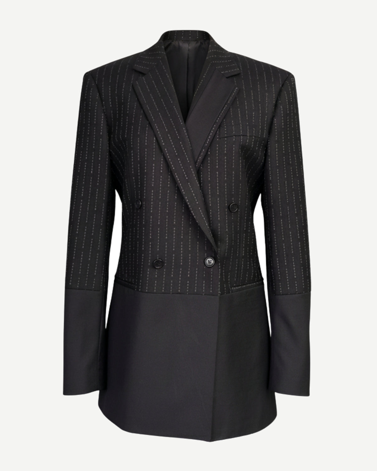 Tailory black/white pinstripe double-breasted blazer dress front view