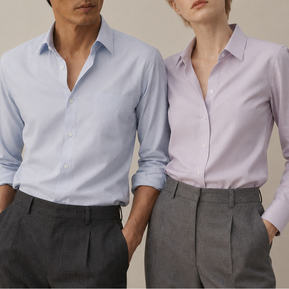 Two people wearing light blue and purple dress shirts with gray pants against a neutral background