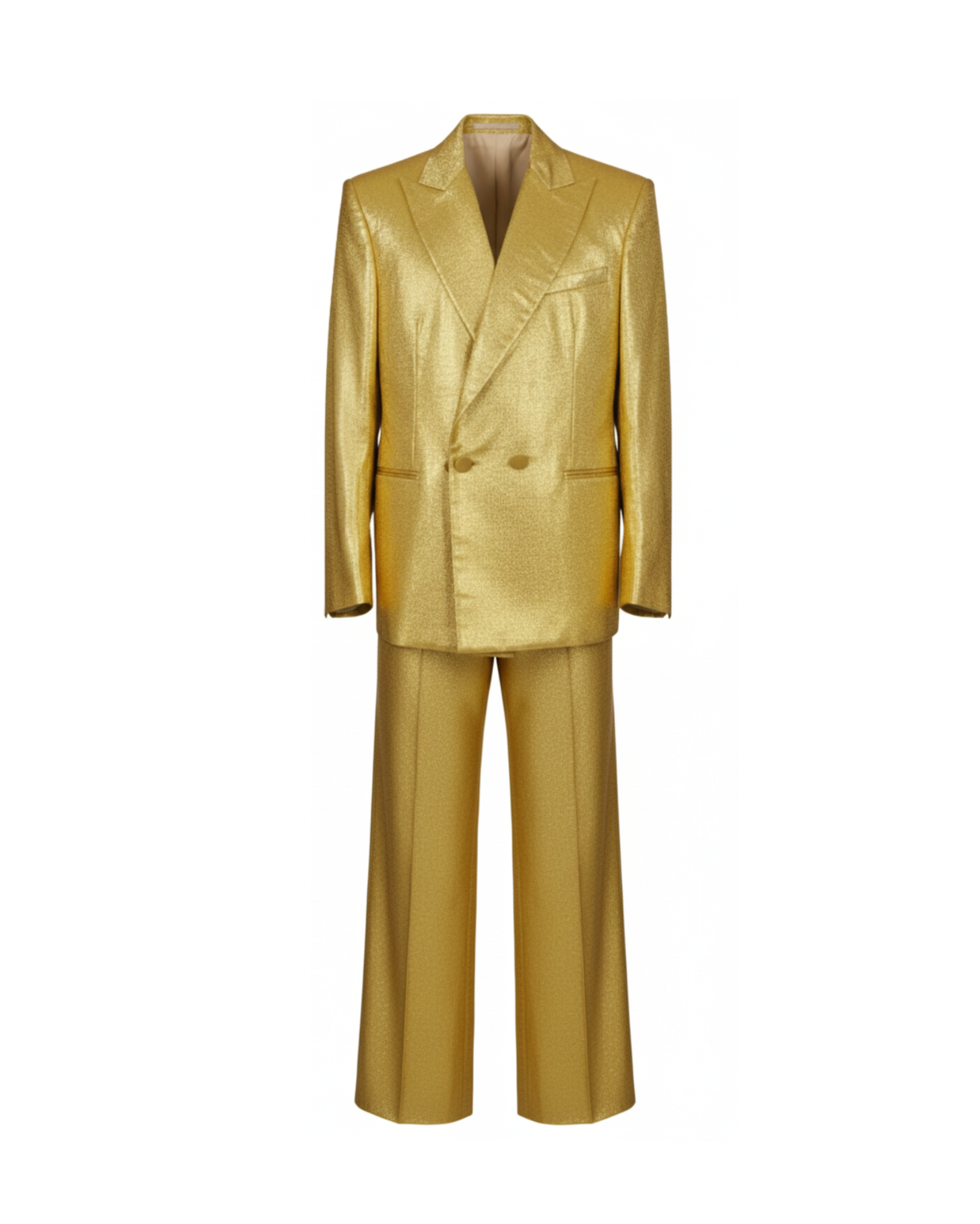 Gold silk lamé tailored blazer and trouser, front view