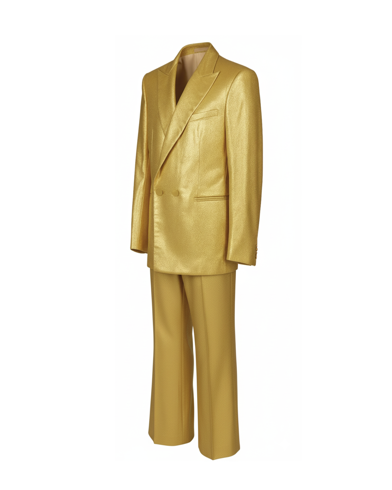 Gold silk lamé suit full look, standing view