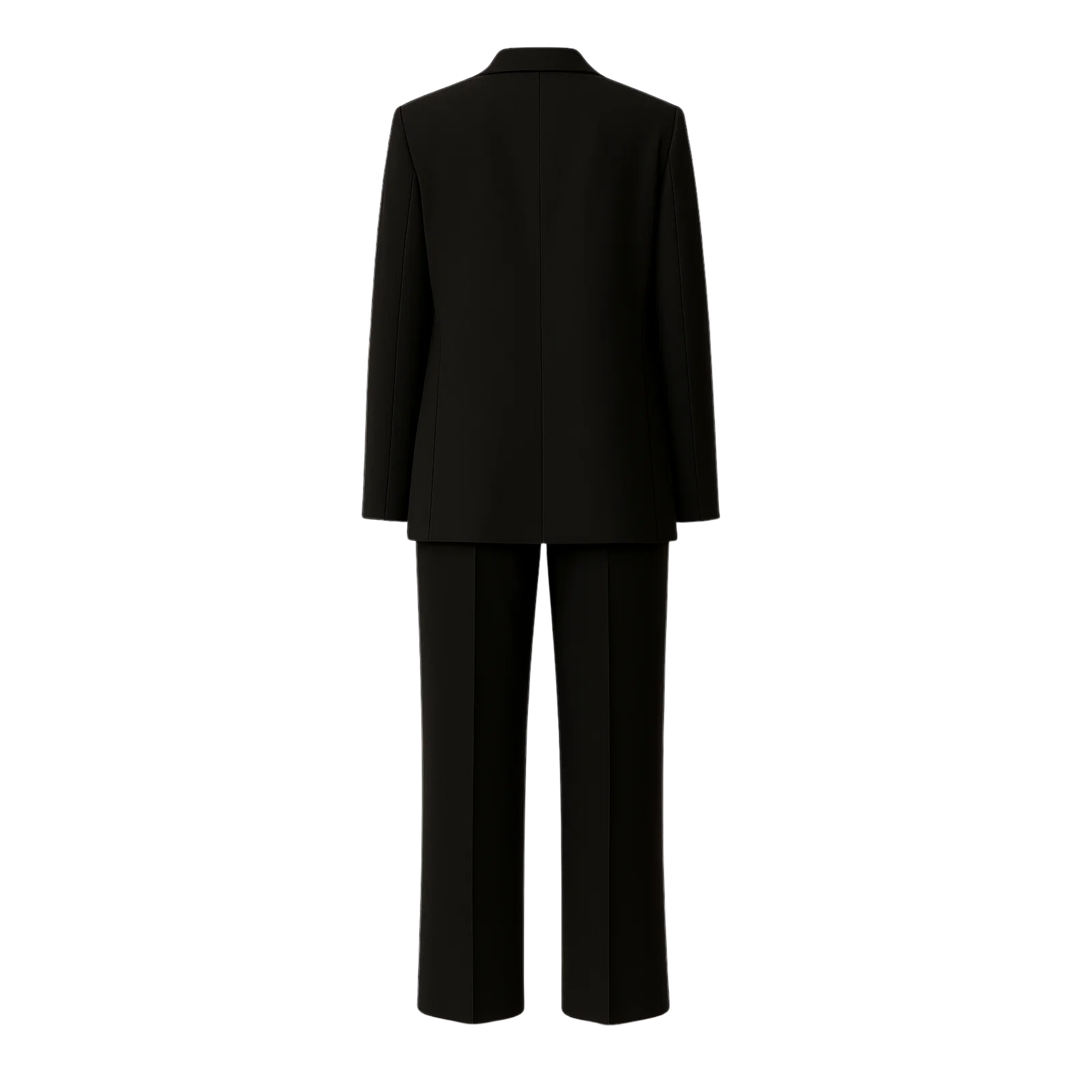 Tailory black fitted two-button suit back view with clean tailored seams and smooth drape