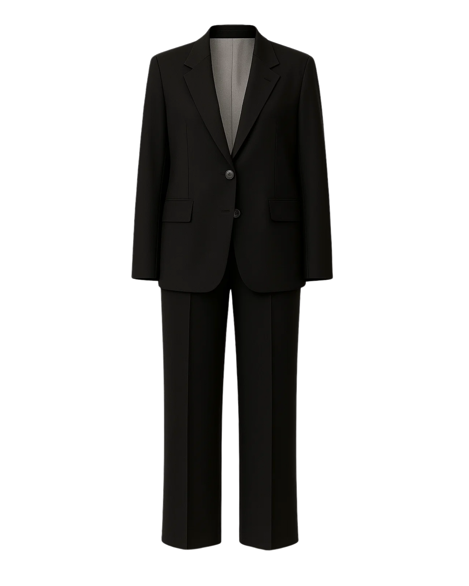 Tailory black fitted two-button suit front view with notched lapels and flat-front trousers