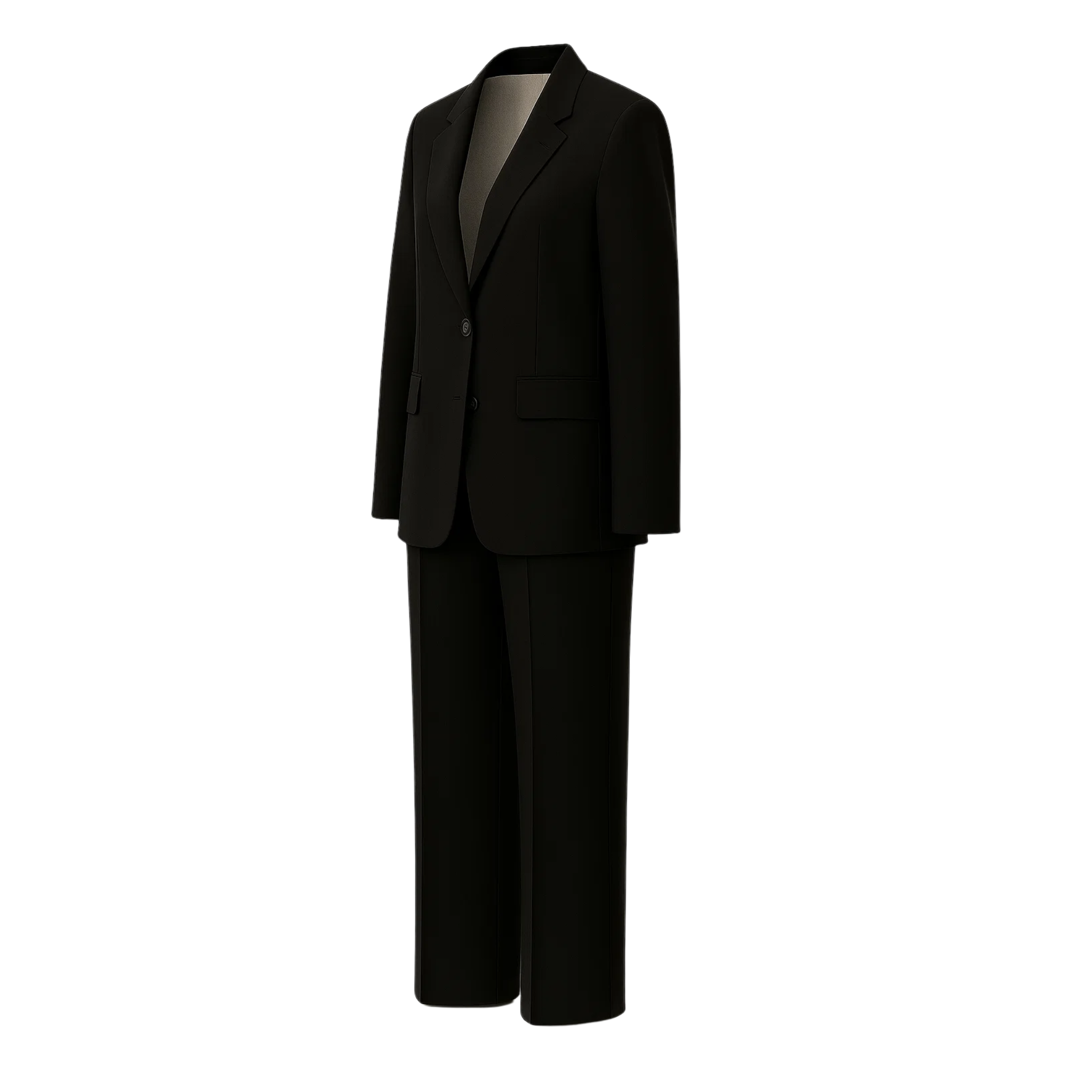 Tailory black fitted two-button suit side view showing structured shoulder and straight-leg trousers