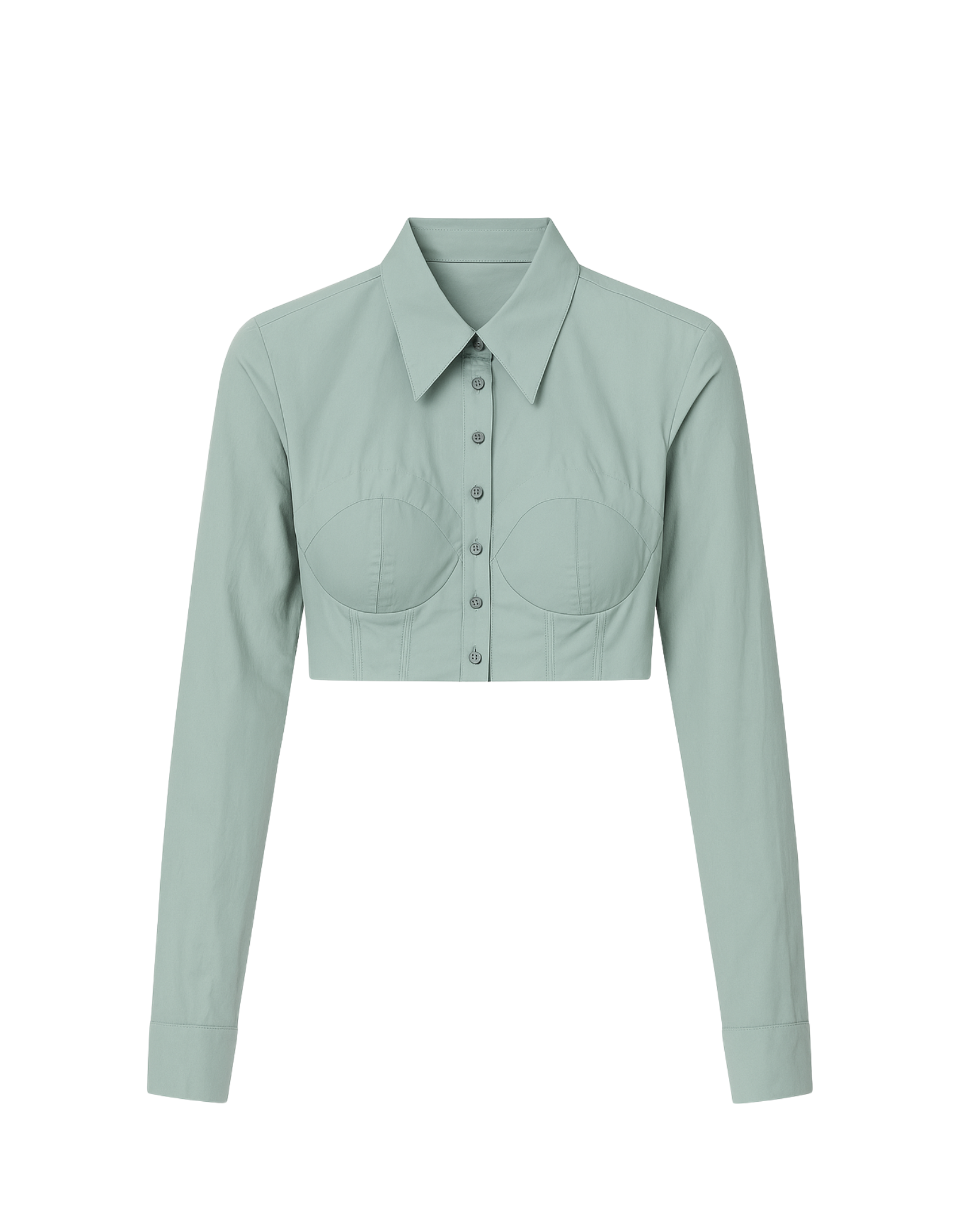 Tailory green cropped button-down shirt front view with structured bust and long sleeves