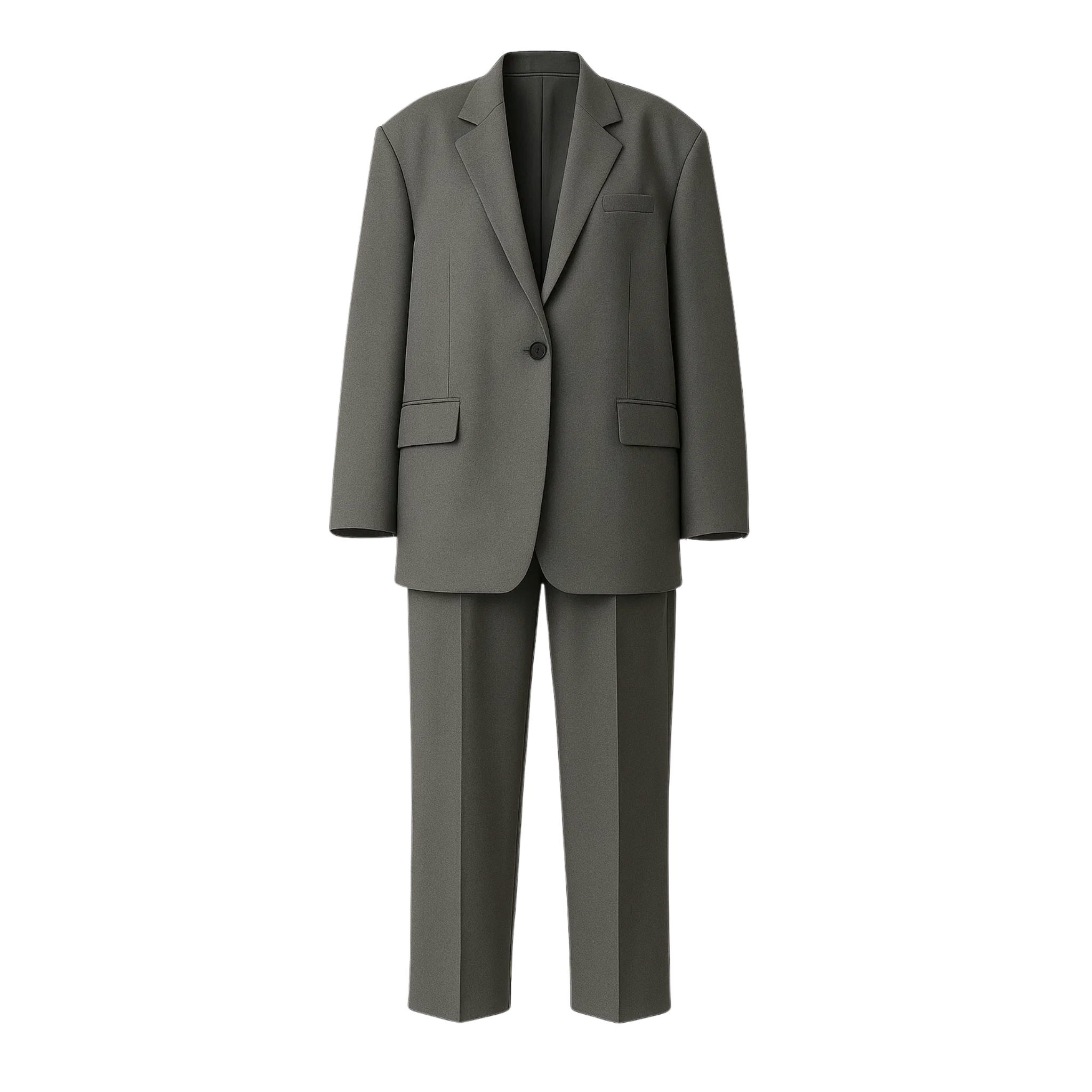 Tailory grey plaid single-button suit front view with flat-front trousers